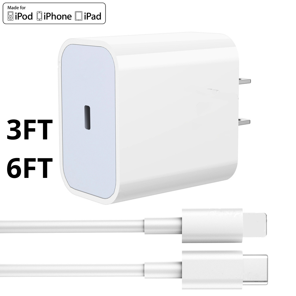 For iPhone 11 12 13 Pro Max 8 Fast Charger Cube USB C Cable 20W PD Power Adapter