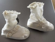 vintage white satin baby booties shoes Gertrude's Size 0 lacey b/in socks AS IS