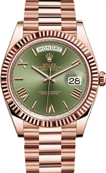 Rolex Day Date President 40mm 18kt Rose Gold Olive Green Roman