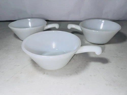 3 Vintage FIRE KING Oven Ware White Lustre Soup Chili Bowls w/ Handles