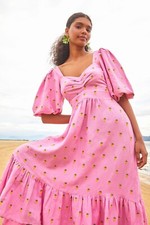 Farm Rio Pineapples Embroidered Pink Midi Dress XS Linen Ruched Sweetheart Puff