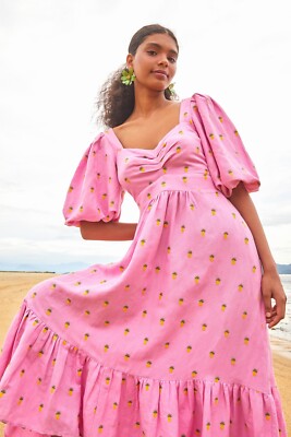 Farm Rio Pineapples Embroidered Pink Midi Dress XS Linen Ruched Sweetheart Puff