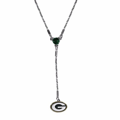 Green Bay Packers Logo Color Crystal 16'' - 18'' Silver Tone Lariat Necklace