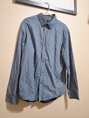 Michael Kors Written All Over Print Blue Logo Button Up Shirt Men s Size XL 