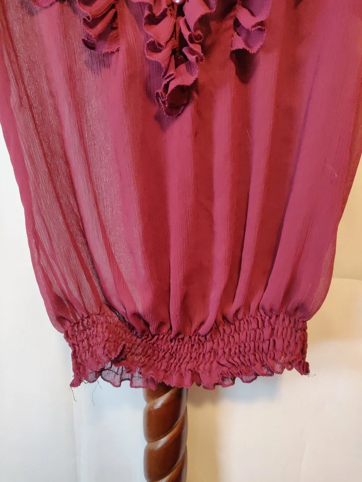 Sam & Max feminino L transparente top roxo gola V com babados SS parte inferior com faixas em excelente estado usado - Imagem 4 de 4