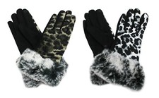 Womens Animal Print Cheetah Leopard Touchscreen Gloves Big Fur Trim Winter Fall