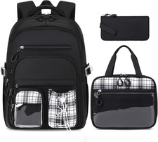 Girls Backpack for School with Lunch Box Pencil Case Set, 17 Inch Stylish Plai