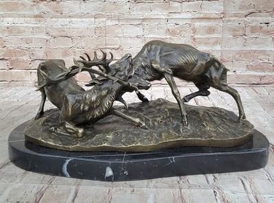 Bronze Statue Two Elk Stag Buck Deer Fighting sculpture signed Mene Figurine Art
