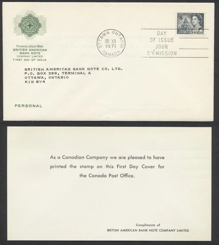 1971 #544 8c QEII Centennial FDC British American Bank Note Cachet Insert