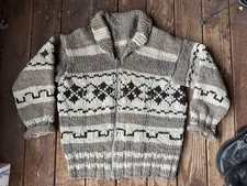 Vtg 60s COWICHAN Diamond Pattern Thick Chunky Wool Zip Cardigan Shawl Collar Lrg