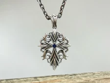 Ornate Elven Leaf Cross Amulet Solid 925 Silver Heavy Blue Stone Fantasy Jewelry