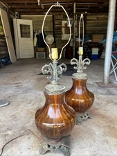 Vintage Amber Glass Lamp Copper Casting