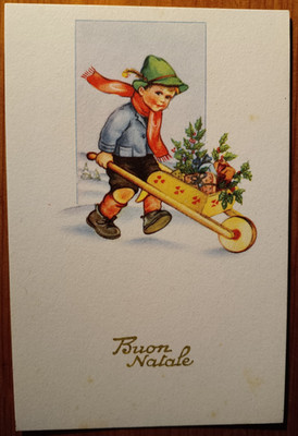 24F MERRY CHRISTMAS POSTCARD - CHILD PUSHING WHEELBARROW FULL OF DONIE HOLLY