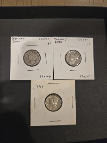 1941 P D S MERCURY DIMES .10 lot of 3 coins circulated 90% Silver AU+1941 P