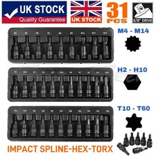 31PC Mix IMPACT Hex Torx Spline Bit Sockets 3/8" Drive Short Reach Allen Star HX