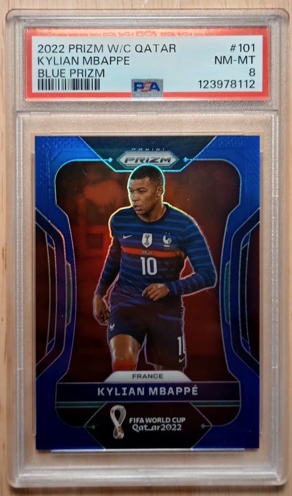 2022 Prizm World Cup Kylian Mbappe True Blue Prizm 71/299 France PSA 8 NM-MT