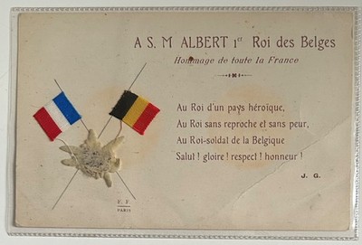 WW1 Silk Flag Belgium Patriotic Postcard King Albert I French Tribute 1914-1918