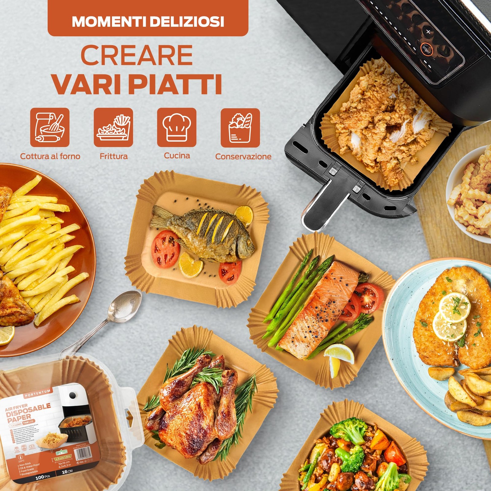 PORTENTUM Carta forno per friggitrice ad aria 100 unità quadrate 20–24 cm adatte foto 6