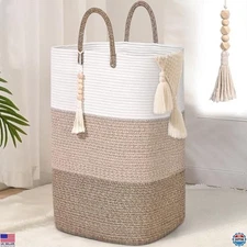 Stylish 65L Woven Laundry Basket - Large Rectangle Hamper with Beads Tassel