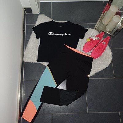 Sportset M 40 42 Champion Sportshirt schwarz Sporthose Leggings neon stretch Top