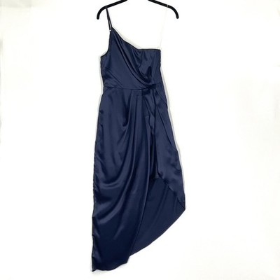 lulus prom & homecoming dresses Laws of Attraction SMALL Navy Satin Midi Dress One-Shoulder Formal smocked