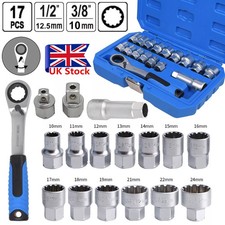 17Pcs Sockets Set Metric Go-thru 3/8" 1/2" Adaptors Ratchet Go Through 10-24mm