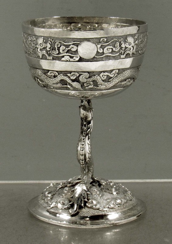 Chinese Export Silver Dragon Goblet   c1890 HAND DECORATED