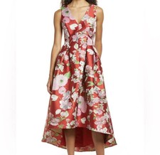 Eliza J Floral Jacquard Hi-Low Fit & Flare Sleeveless Dress Red Size 4