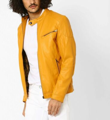 Shinny Yellow Men's Classy Jacket 100% Genuine Lambskin Leather Biker Moto Coat