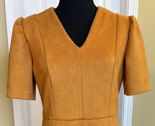 Ann Taylor 4 Small Mustard Yellow Faux Suede Puff Sleeve Stretch Sheath Dress - Picture 2 of 6