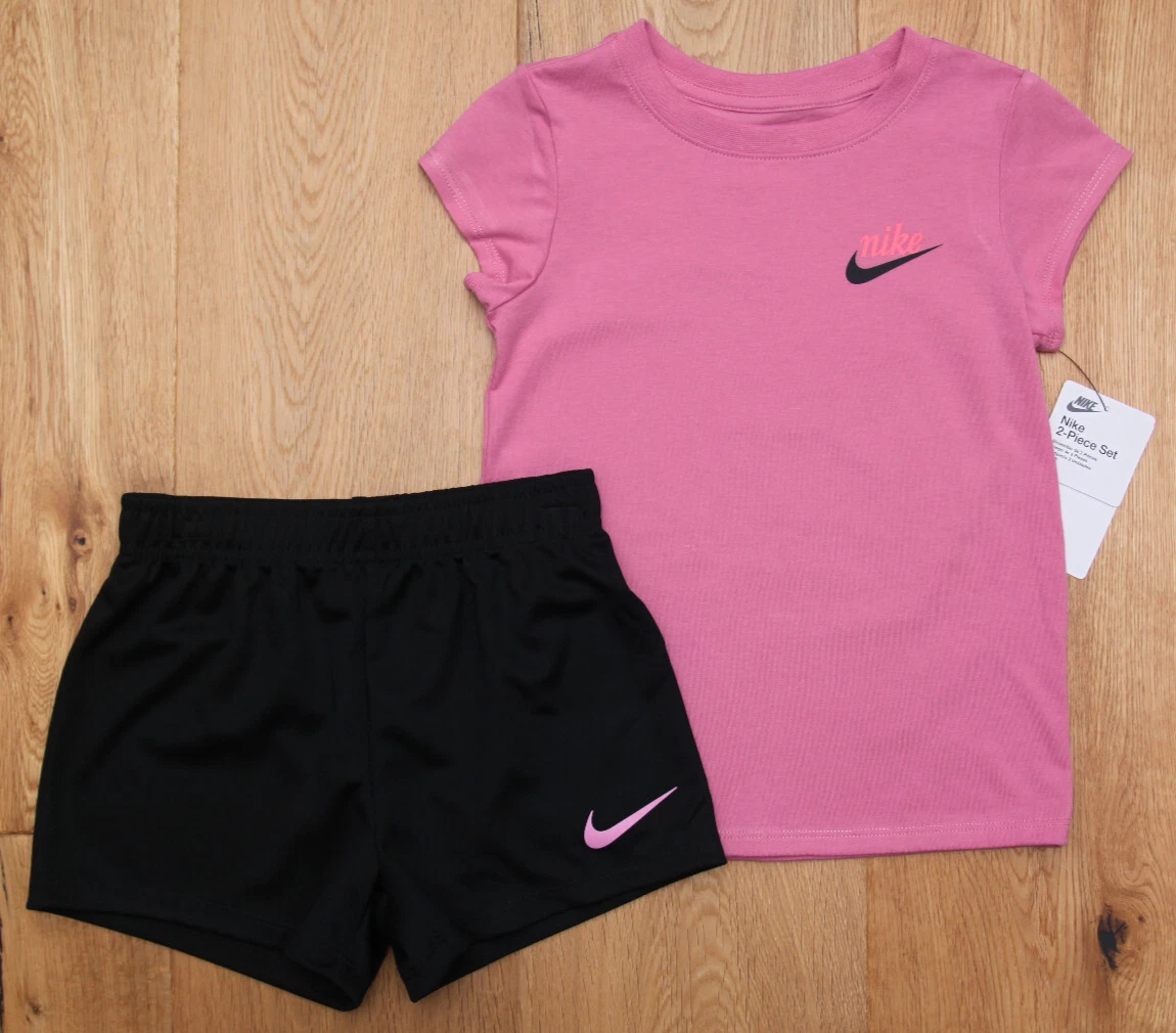 Nike Girl 2 Piece T-Shirt & Shorts Set ~ Pink, Black & Neon Orange