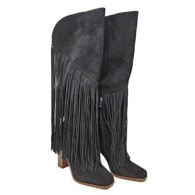 Jessica Simpson 8.5 Black Suede Leather Tall Fringe Boot Western Boho Square 