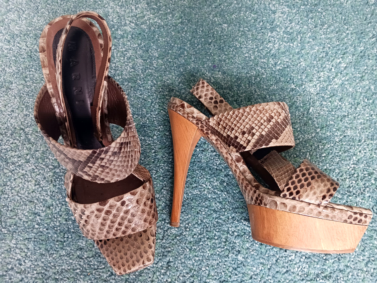 Marni Gray Snakeskin Sandals with Warm Wood 6
