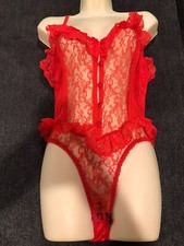 Vintage Beautiful Red Bodysuit 100  Nylon HI Leg Lace Trim Teddy S