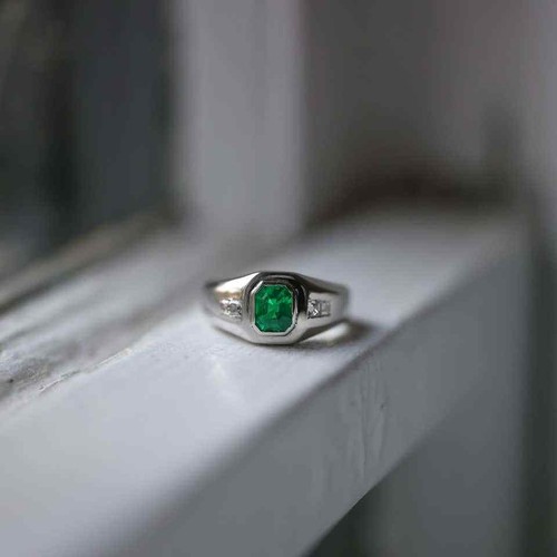 Emerald Cut Green Emerald & Princess Cut White CZ Men's 935 Silver Gorgeous Ring - Picture 6 of 10