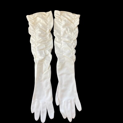 White Ruched Cotton Gloves Formal Elbow Length Small Size Prom, Party Costume