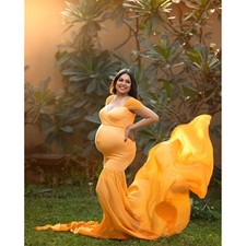 Gold Maternity Dress Photo Shoot Gown Photography Off Shoulder Long Maxi M-L-XL