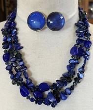 Vintage Purple Blue Glass Faceted Bead Stone Necklace Blue Clip On Earrings Set