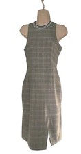 EUC BANANA REPUBLIC Sz 0 Women's Gray  Plaid Haltered Sheath Dress B&W Trim 