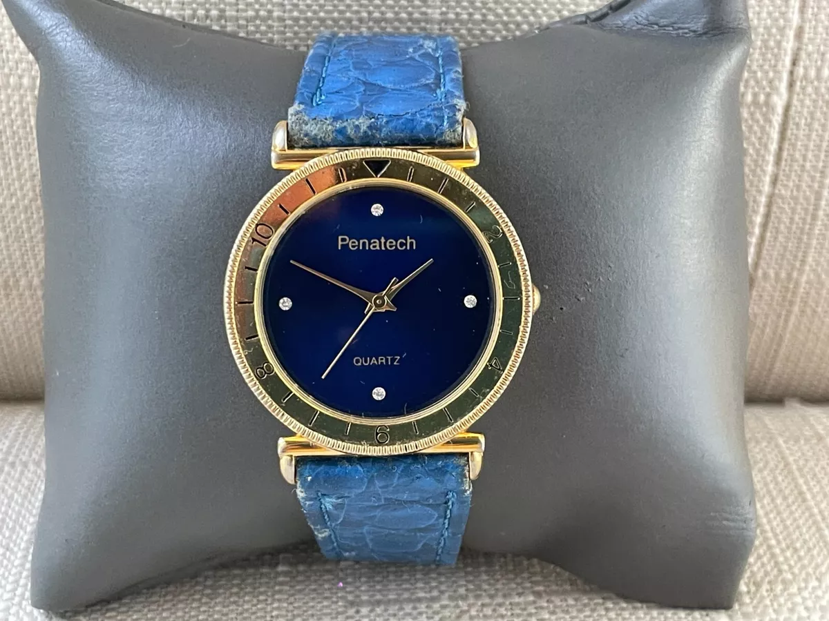 Penatech Quartz Ladies Wristwatch Blue Leather Band Gold Tone Case