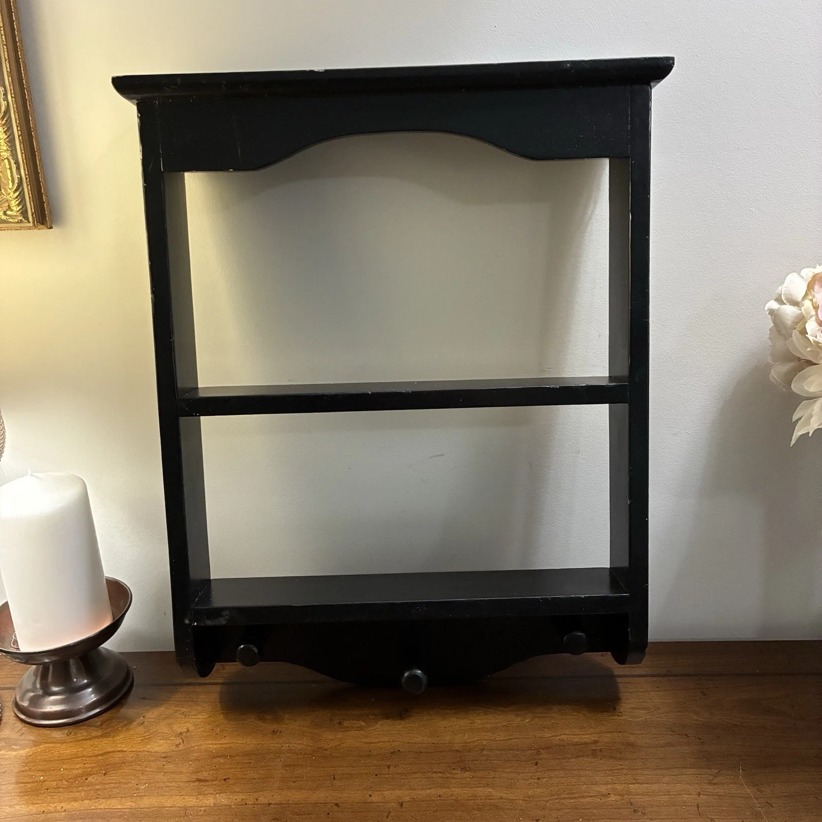 Vintage 2 Tier Wood Wall Shelf Spice Rack W 3 Hangers Black Color
Opens in a new window or tab