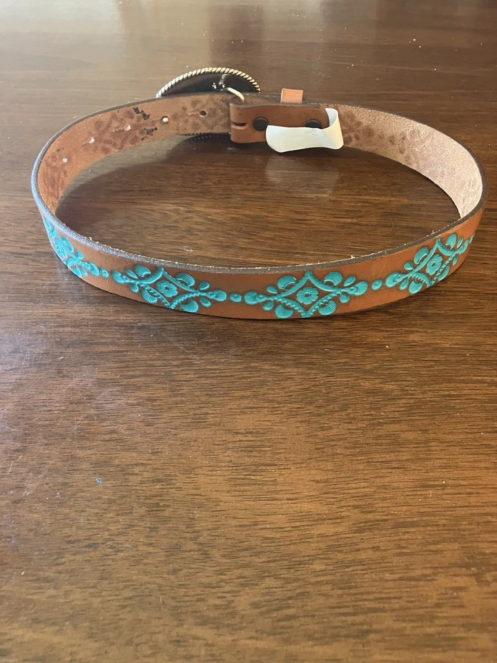 Cinturón Justin Girls Hope Marrón Turquesa Cuero Tocado Plateado Hebilla Corazón Talla 24 Foto 3 de 4
