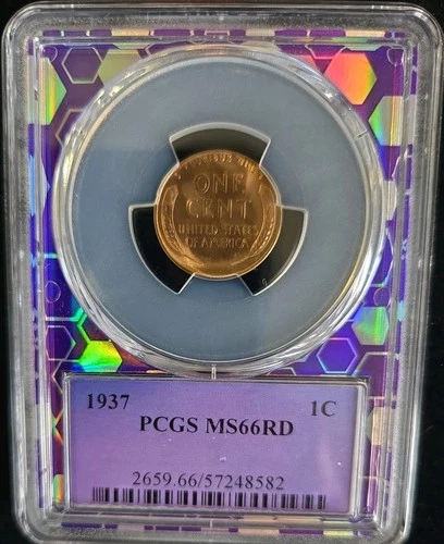 1937 PCGS MS -66 RED Lincoln Wheat Copper Cent 1C TRADER BEA HOLDER Purple Core
