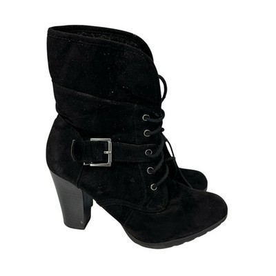 White Mountain Heeled Fleece Lined Black Faux Suede Boots 7 Classic Casual 