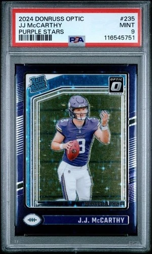 JJ MCCARTHY 2024 DONRUSS OPTIC PURPLE STARS ROOKIE RC #D 12/15 PSA 9 MINT