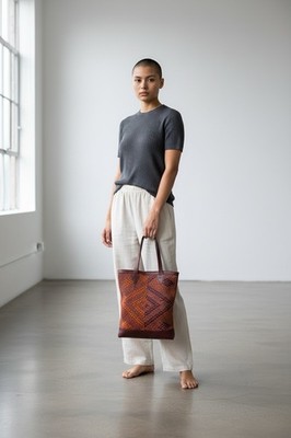 Medium Handwoven Tote Bag In Orange & Purple Geometric Pattern