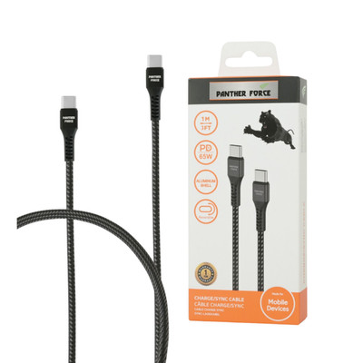 USB-C Kabel 1M 65W Schnelllade Geflochten Nylon Schwarz Typ-C auf Typ-C Slim Kabel