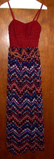 Lily Rose Rust Blue Crochet Bodice Spaghetti Strap Belted Geometric Maxi Dress S