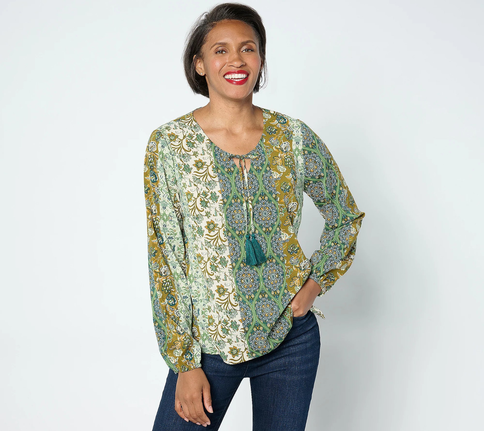 Denim & Co BOHO Printed Long-Sleeve Swing Top - Women's Plus 2X - Green Multi