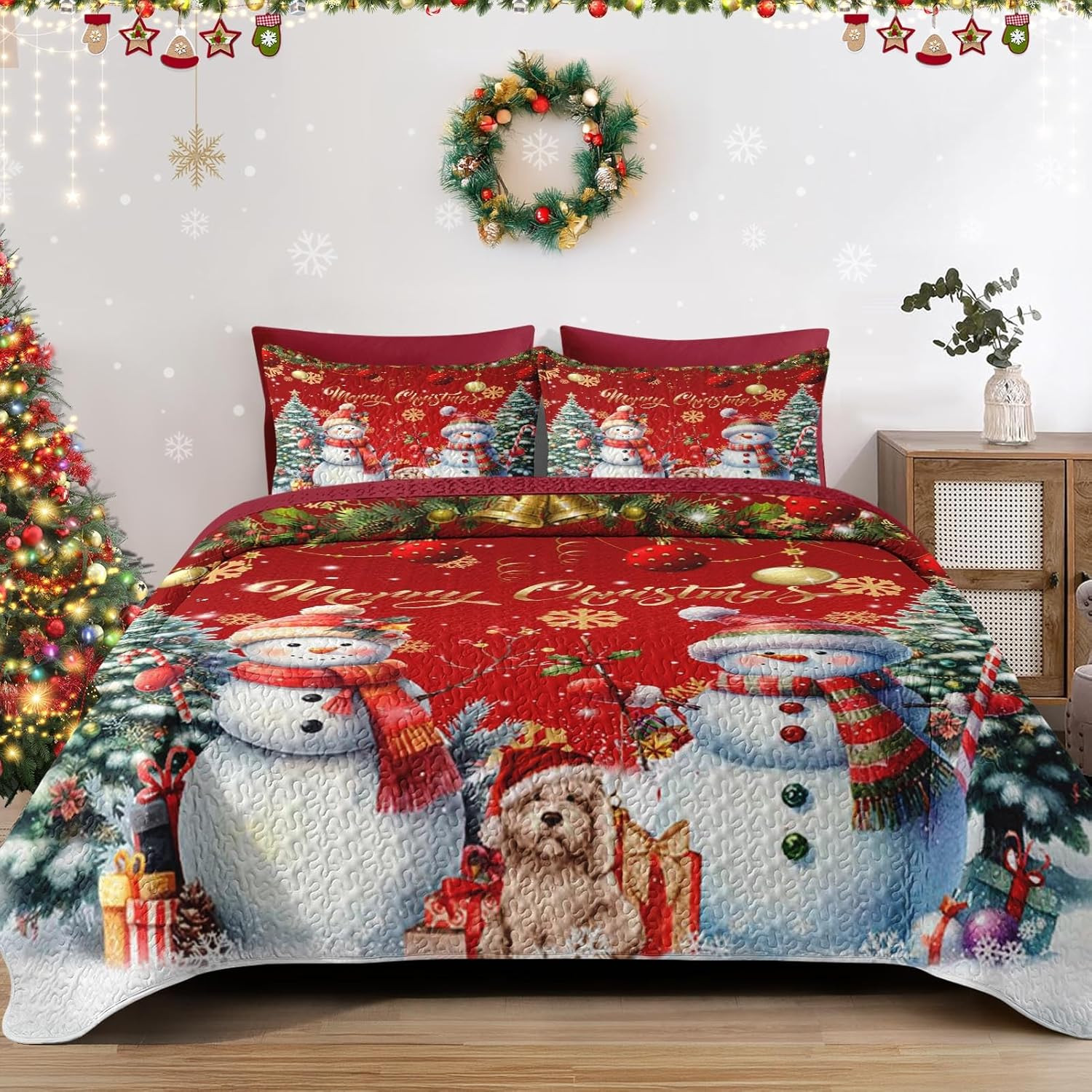 Christmas King Size Quilt Set, Dark Red Xmas Snowman Lightweight Bedspread Cover